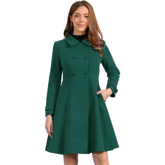 Women's Winter Coat Overcoat Lapel Collar Long Swing A Line Green - Picture 1 of 5
